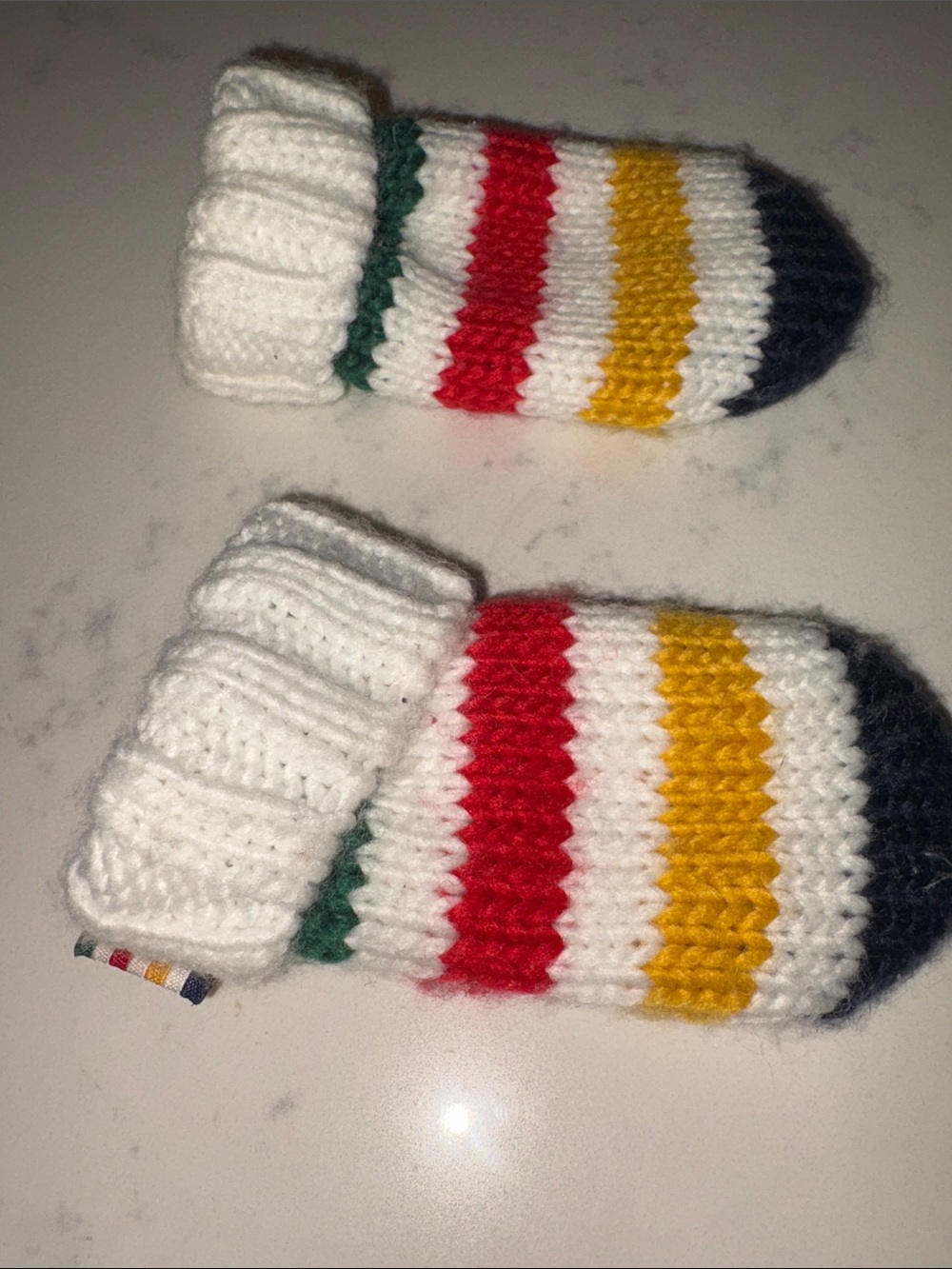 Hudson Bay Kids Striped Knit Mittens - White with Red, Yellow, Green & Navy